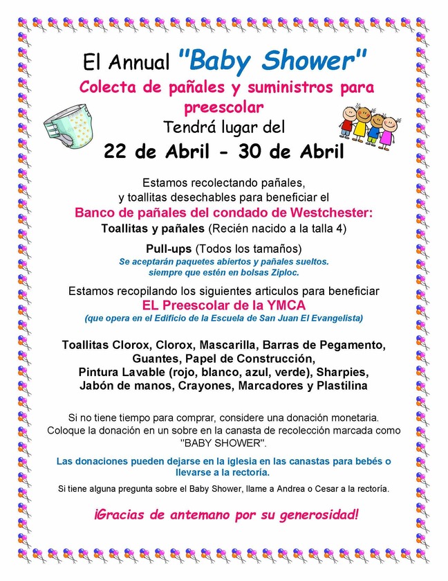 Baby Shower Diaper Drive and PreSchool Supply Drive St. John the